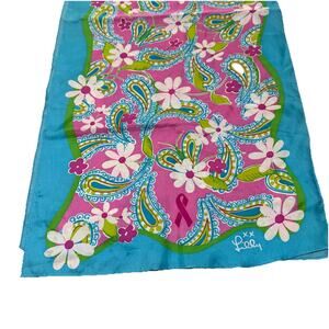Lilly Pulitzer 100% Silk Scarf Paisley Butterfly Pink Ribbon Breast Cancer 56”
